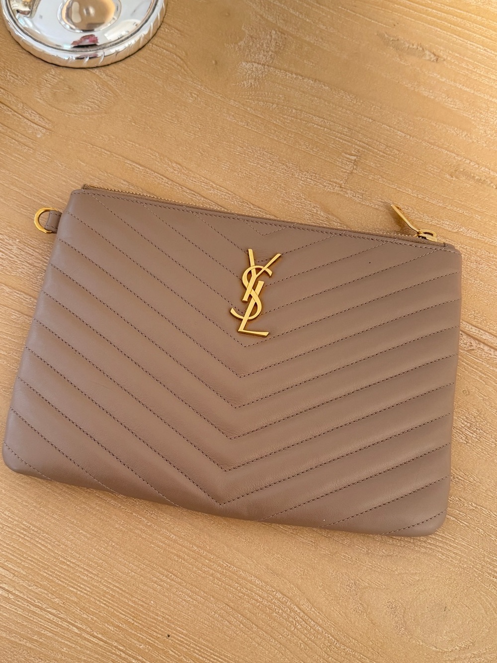 Yves Saint Laurent Tan Quilted Leather Clutch with Gold YSL Emblem - Picture 3 of 3